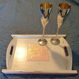 ❤️Sale Upcycled Handcrafted Wood Serving Tray and a Pair of Metal Flutes